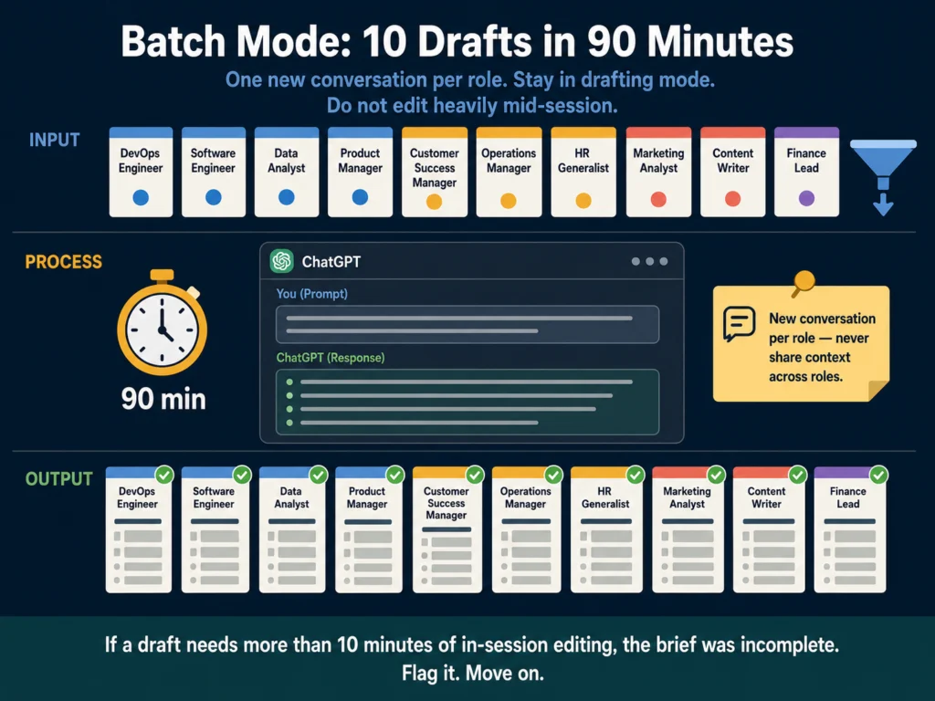 Batch drafting workflow showing 10 job description roles processed in one 90-minute ChatGPT session
