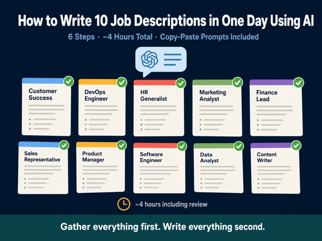 AI workflow for writing 10 job descriptions in one day using ChatGPT — step-by-step process overview