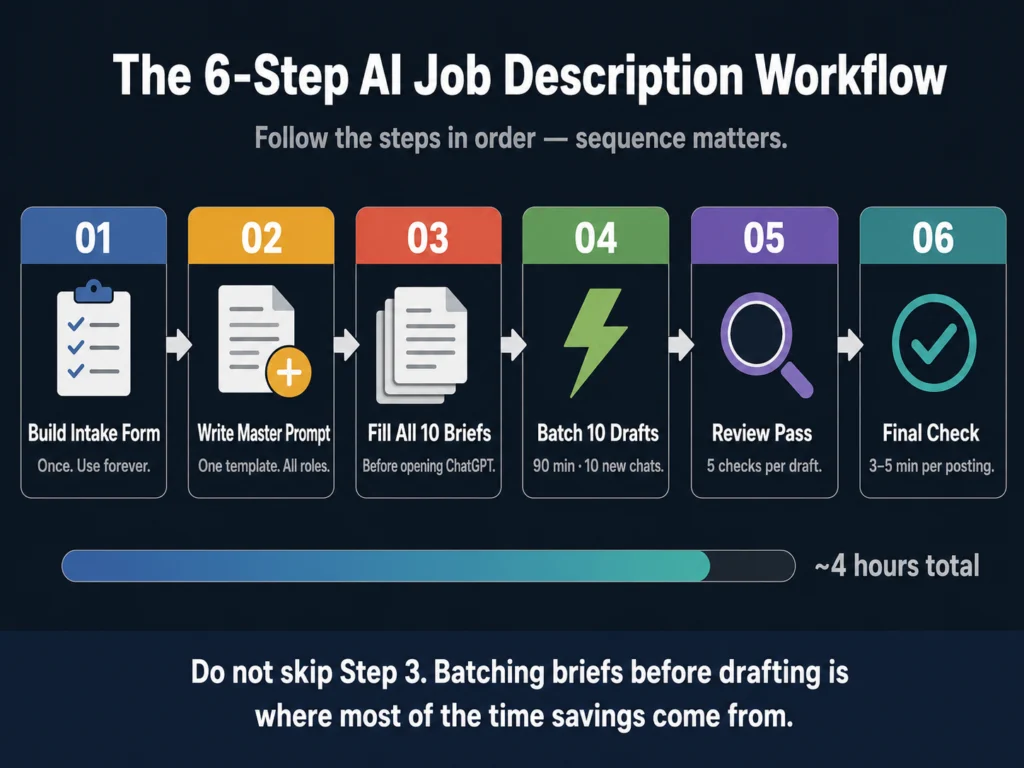 Six-step workflow diagram for writing job descriptions with AI — from intake form to final posting check