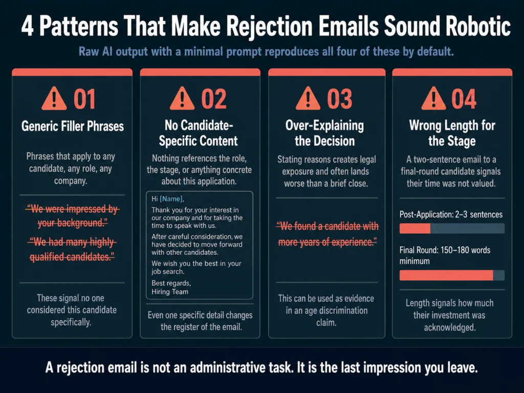 Four patterns that make AI-generated rejection emails sound robotic — generic filler phrases, no candidate specifics, over-explaining, and wrong length for the stage