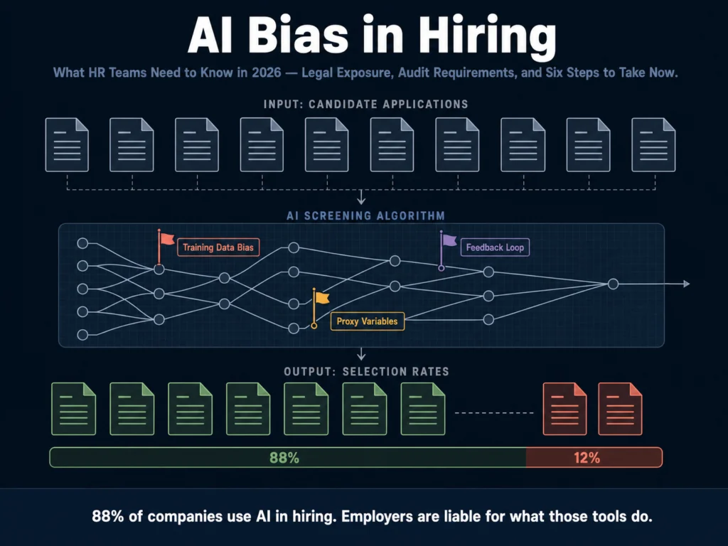 Abstract visualization of AI hiring algorithm bias patterns — systemic discrimination in automated candidate screening