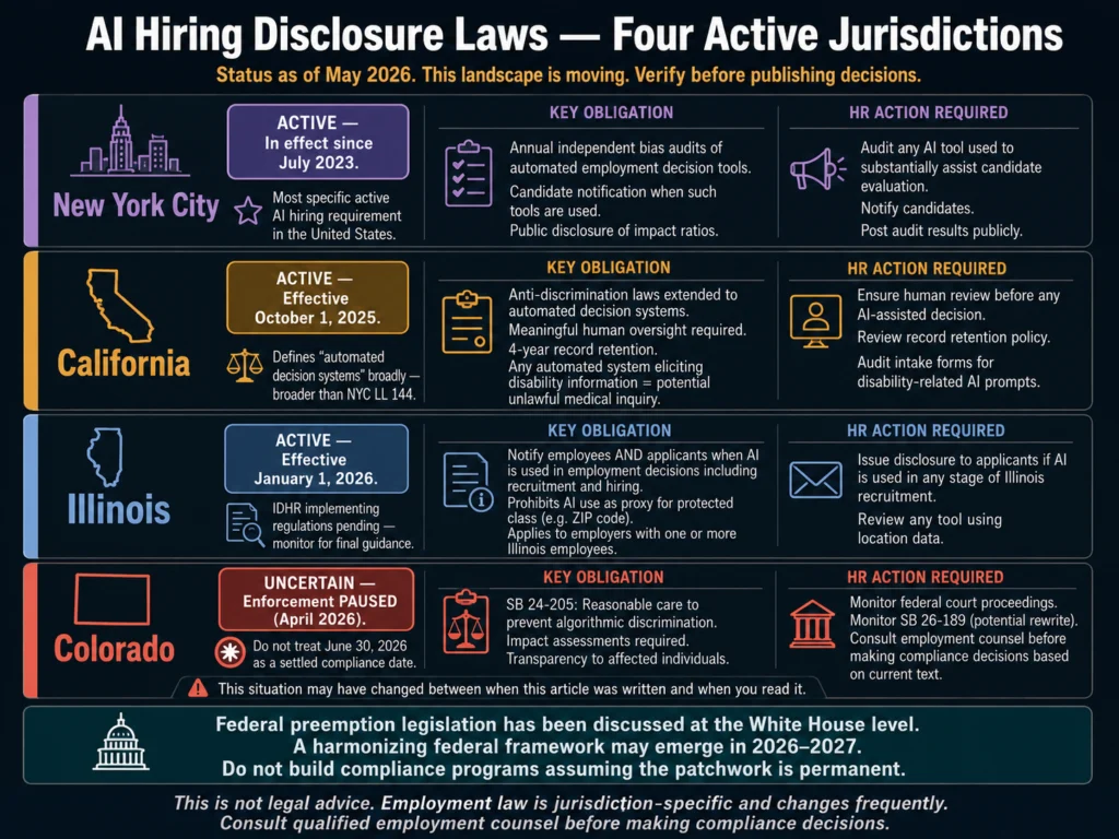 AI hiring disclosure requirements by state 2026 — New York City, California, Illinois, and Colorado active laws with status and key obligations for HR teams