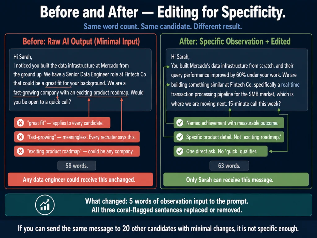 Before and after editing a candidate outreach email for specificity — generic AI output versus a specific observation-led message with real example