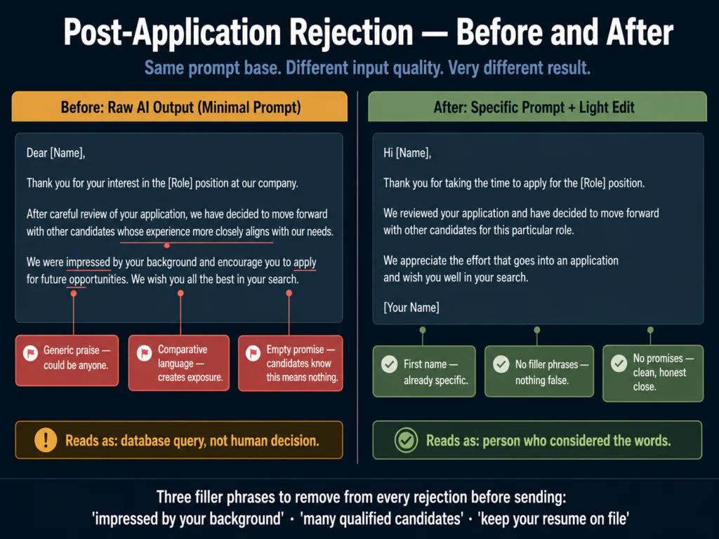 Before and after comparison of AI-generated candidate rejection email — generic filler phrases removed, tone improved, no false promises