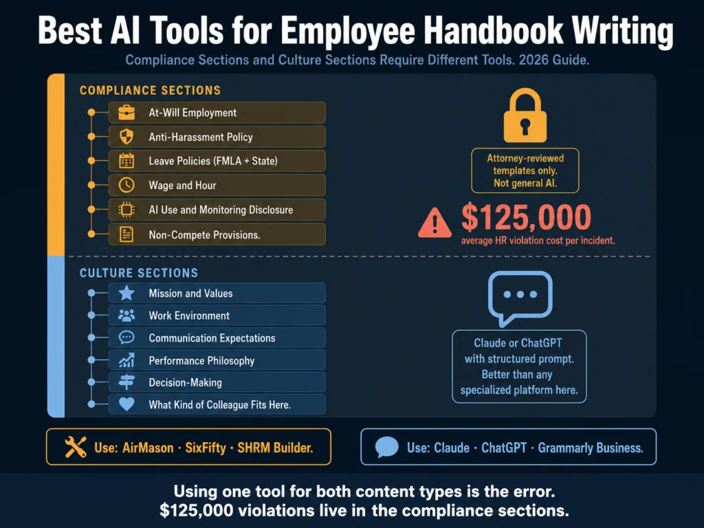 Best AI tools for employee handbook writing 2026 — compliance sections require specialized platforms, culture sections use Claude or ChatGPT