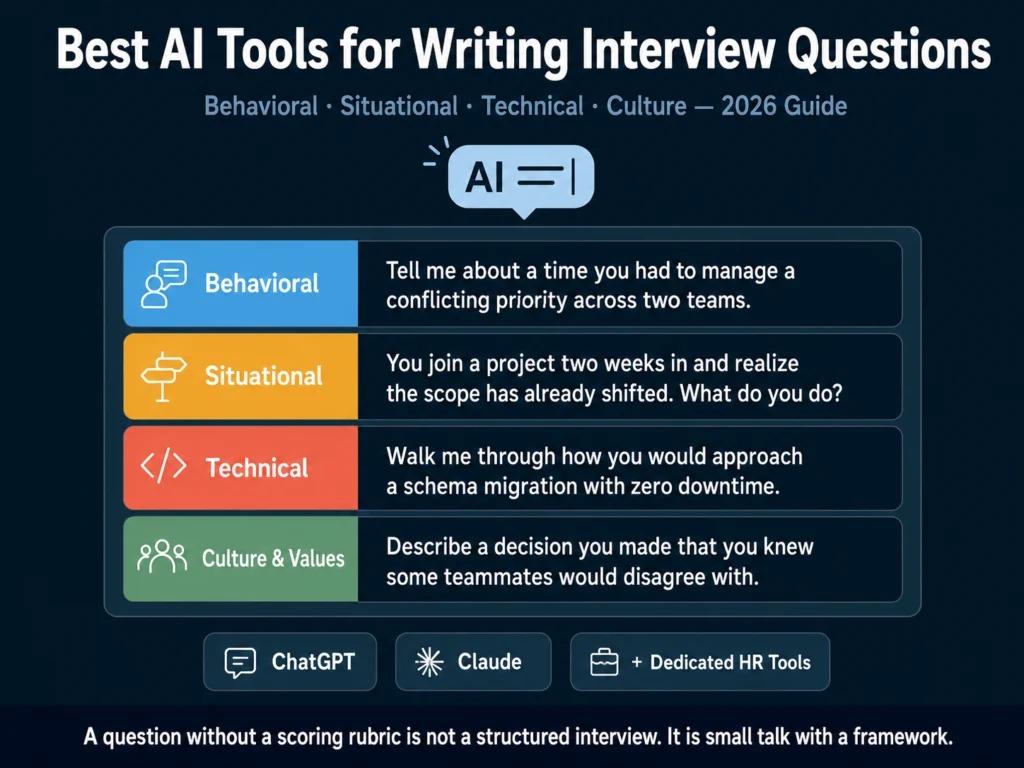 Best AI tools for writing structured interview questions in 2026 — behavioral, situational, technical, and culture question types with AI generation