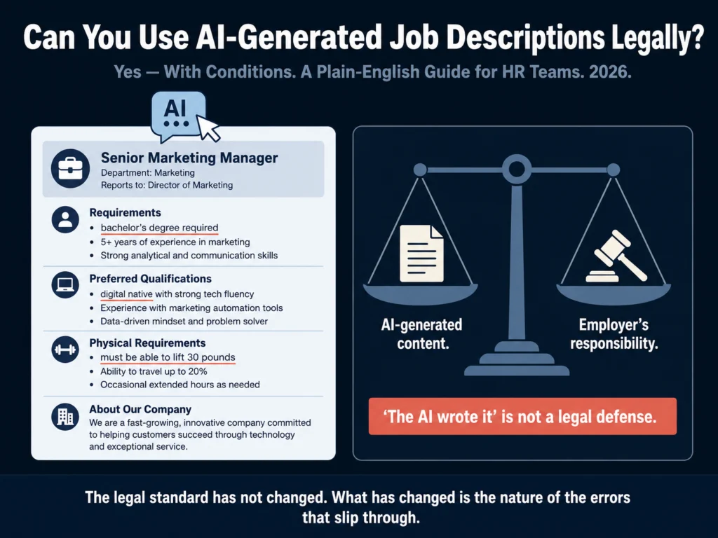 Legal compliance guide for AI-generated job descriptions 2026 — EEOC obligations, state disclosure laws, and five pre-posting checks for HR teams