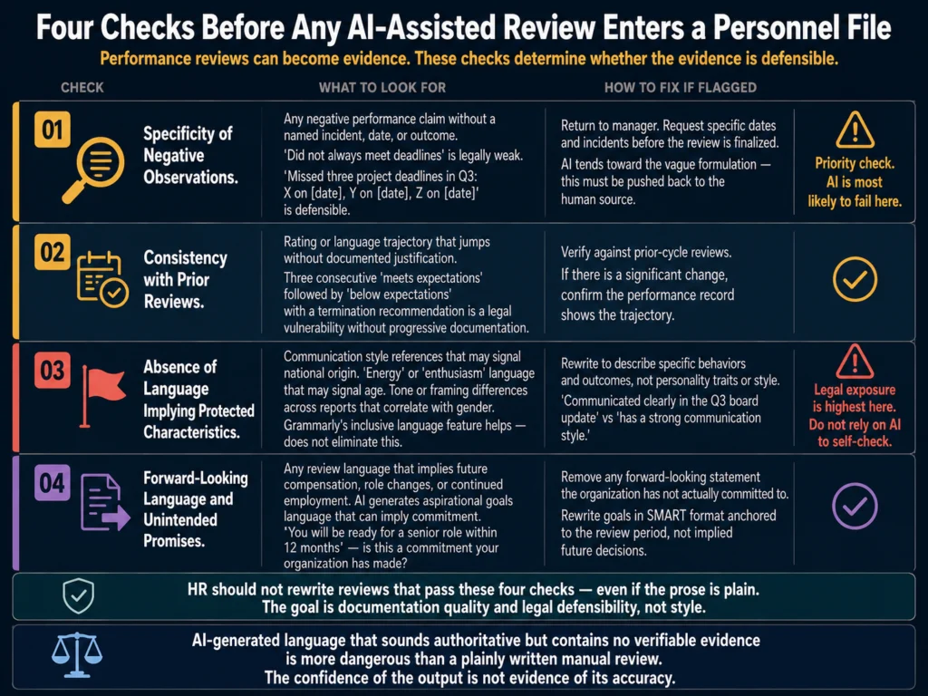Four legal compliance checks for AI-assisted performance reviews before HR finalization — evidence specificity, prior review consistency, bias language, and forward-looking promises