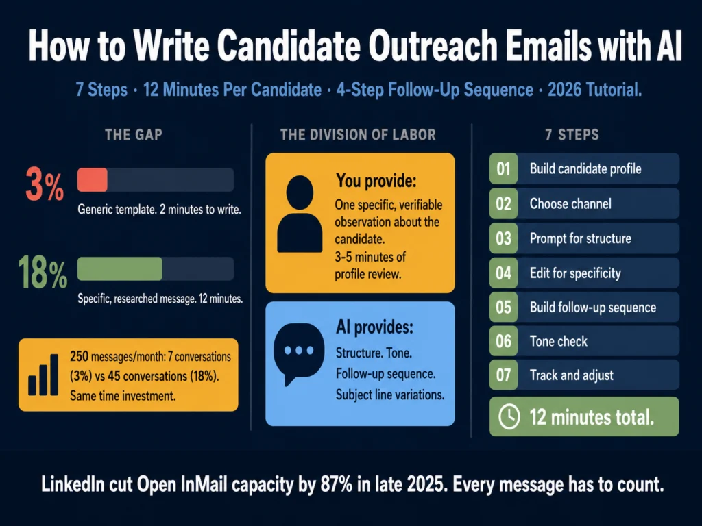 How to write candidate outreach emails with AI in 2026 — 7-step tutorial with prompt templates, before and after examples, and 4-step follow-up sequence