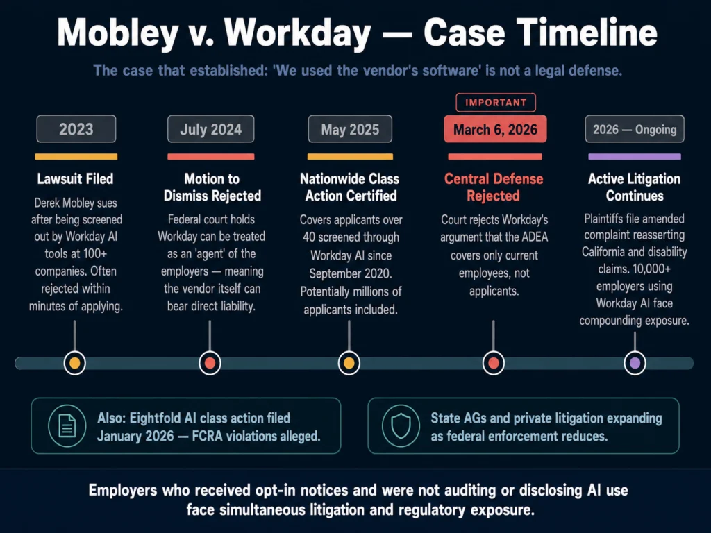 Mobley v. Workday AI hiring discrimination lawsuit timeline — key rulings from 2023 to 2026 including nationwide class action certification