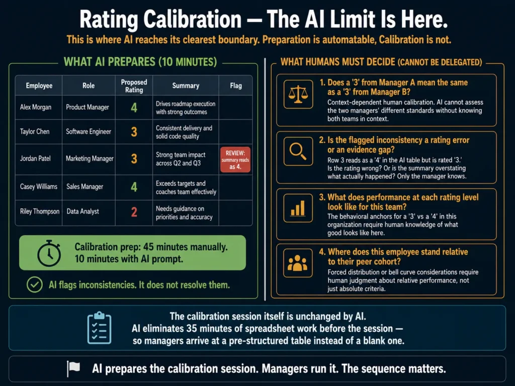 Performance review calibration split — AI prepares calibration table and flags rating inconsistencies while human managers make the final calibration decisions