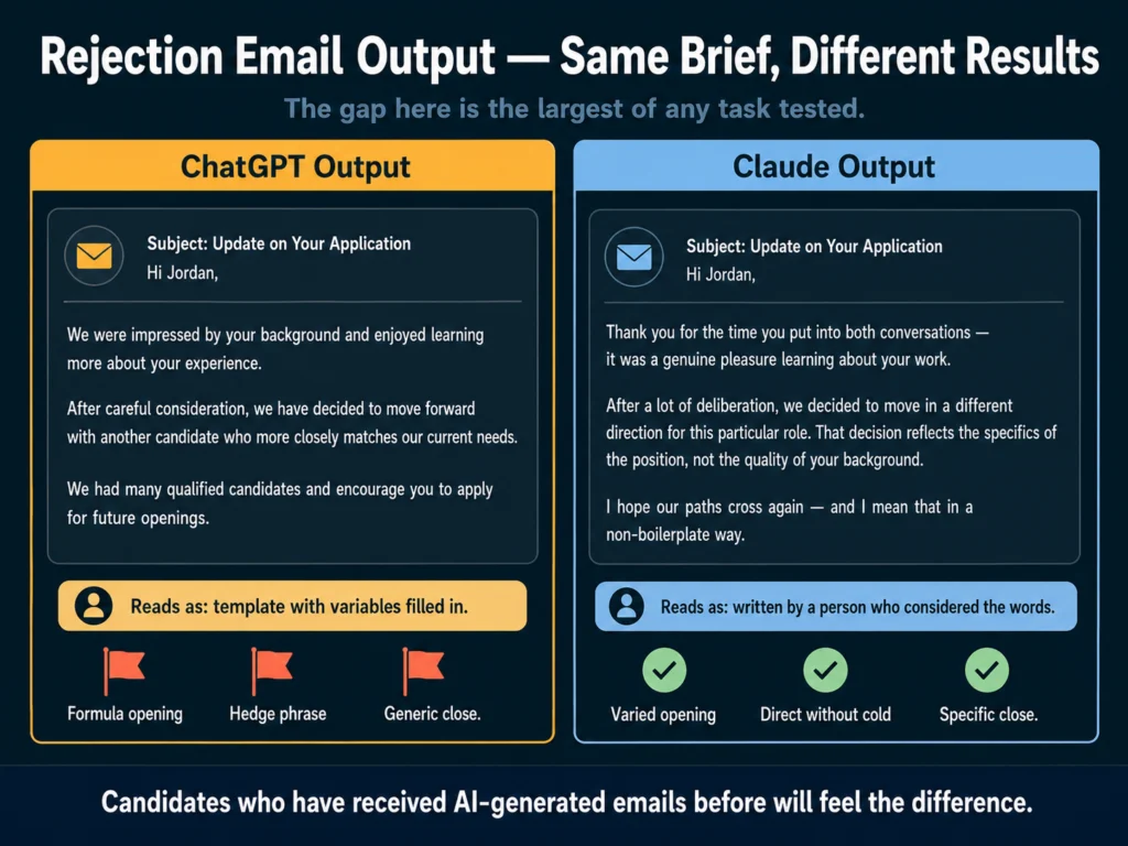 Side-by-side comparison of ChatGPT vs Claude rejection email output quality — formulaic AI tone versus natural human-sounding writing