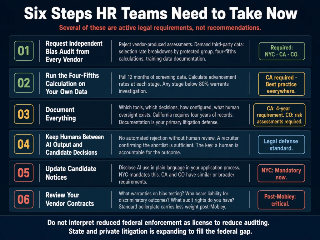 Six steps for HR teams to address AI hiring bias — vendor audits, four-fifths calculation, documentation, human review, candidate notices, and contract review