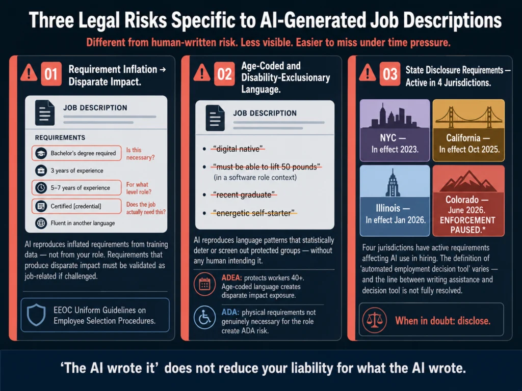 Three legal risks of AI-generated job descriptions — requirement inflation and disparate impact, age-coded language, and state disclosure obligations