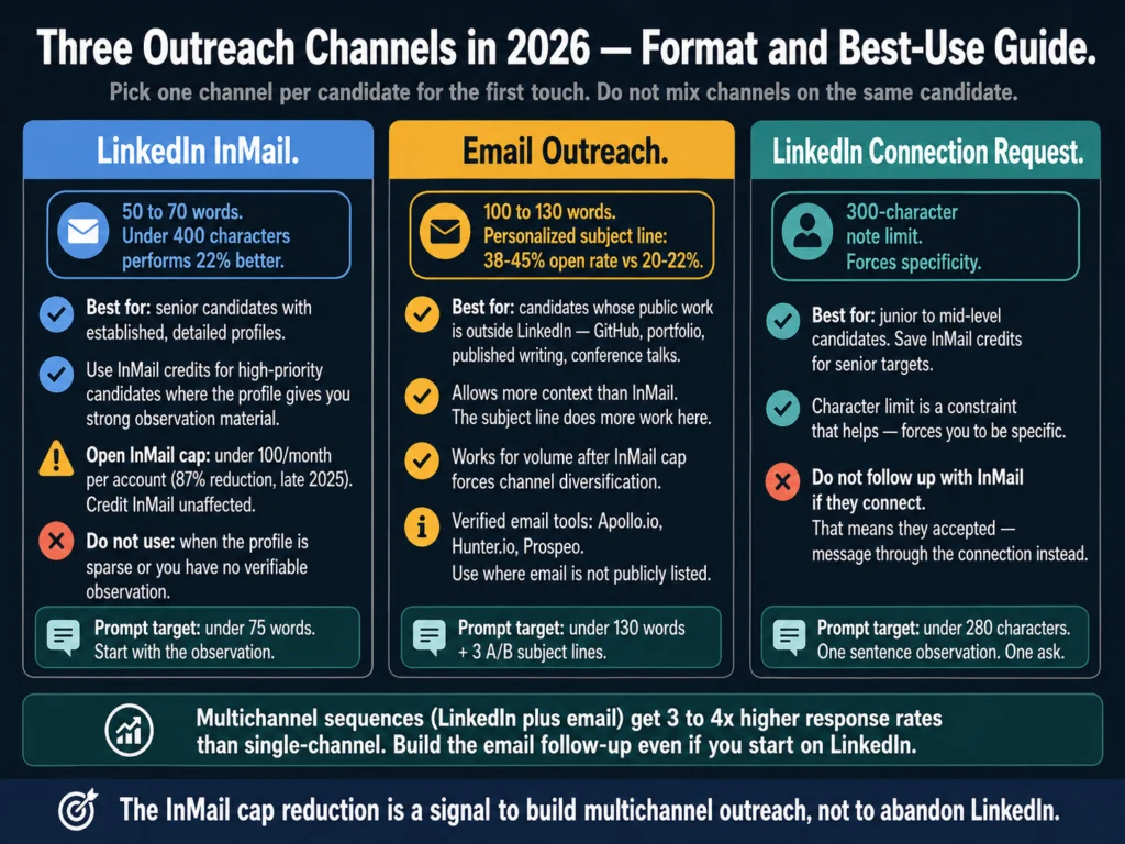 Three candidate outreach channels in 2026 — LinkedIn InMail word limits, email subject line guidance, and connection request character rules for recruiters