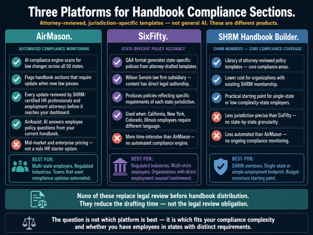 Three employee handbook compliance platforms compared — AirMason for automated monitoring, SixFifty for state-specific accuracy, and SHRM Handbook Builder for members