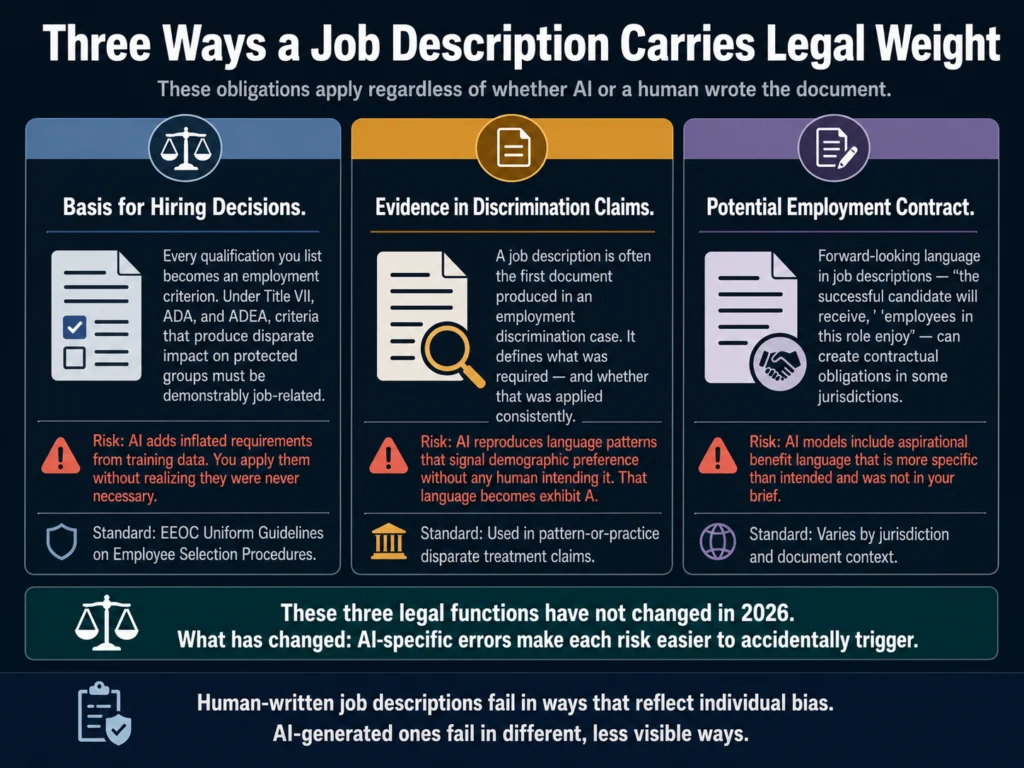 Three legal functions of a job description — basis for hiring decisions, evidence in discrimination claims, and potential employment contract obligations