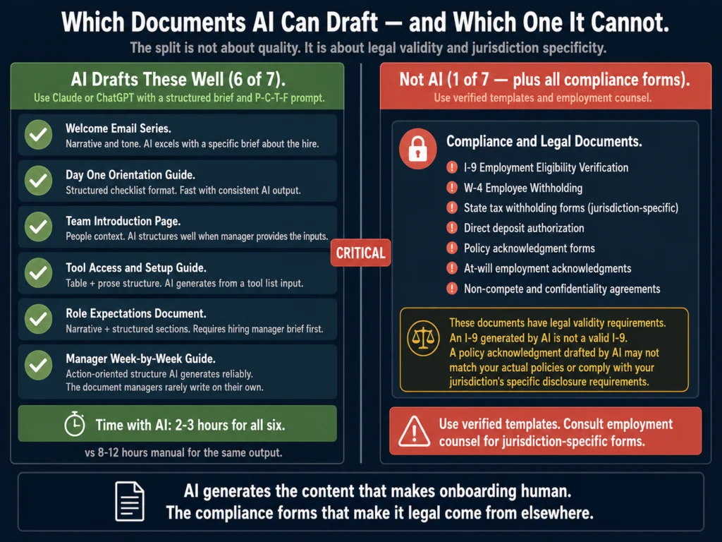 AI onboarding documentation split — six documents safe to draft with AI versus compliance and legal forms requiring verified templates and legal review