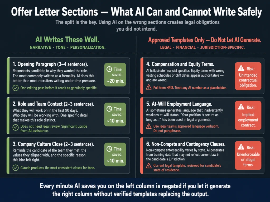 Offer letter section map showing which parts AI can write safely versus which require approved legal templates — opening, role context, and culture close versus compensation, at-will, and non-compete language