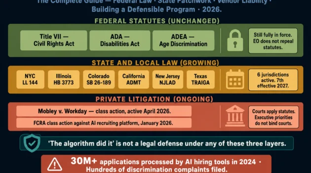 AI ethics and compliance in hiring complete guide 2026 — federal statutes, state patchwork, vendor liability, Mobley v Workday, and building a defensible AI hiring program