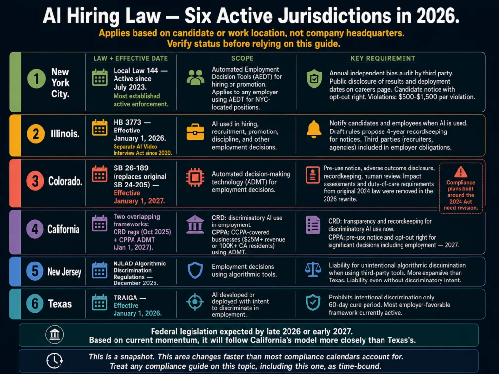 AI hiring law by jurisdiction 2026 — New York City Local Law 144, Illinois HB 3773, Colorado SB 26-189, California ADMT, New Jersey NJLAD, and Texas TRAIGA with effective dates and scope