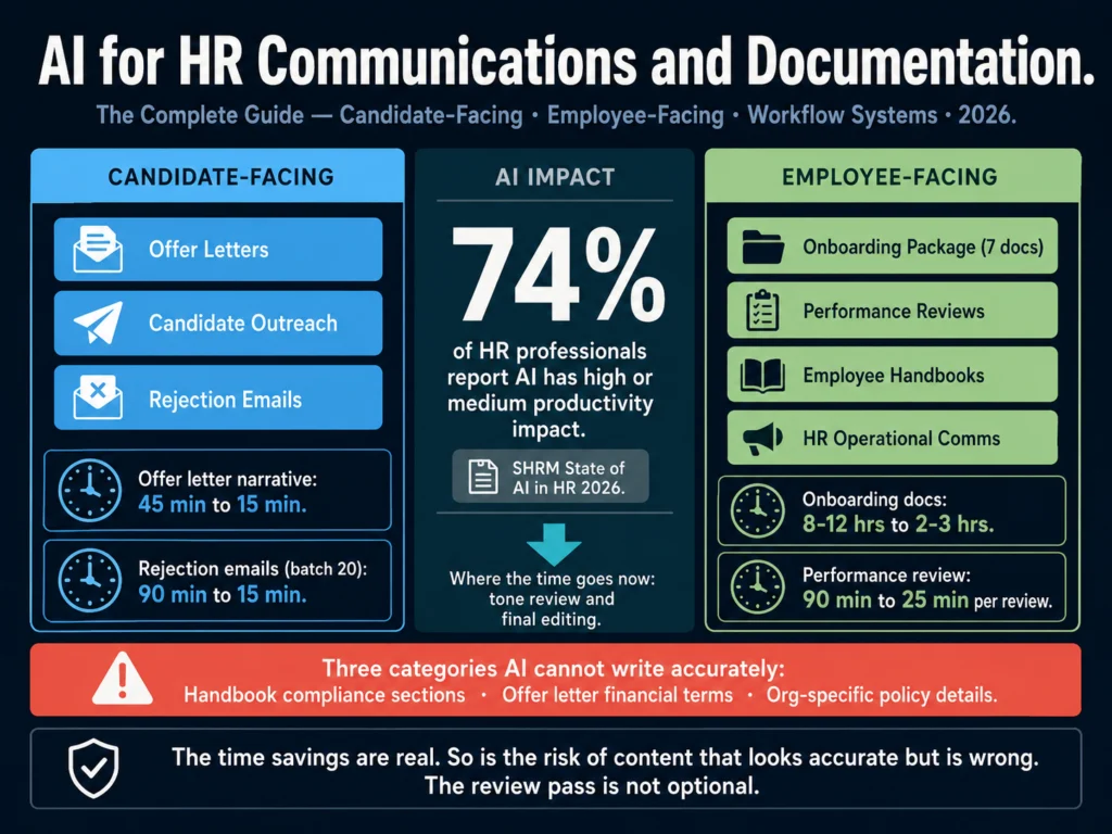 AI for HR communications and documentation complete guide 2026 — offer letters, rejection emails, onboarding docs, performance reviews, handbooks, and prompt library