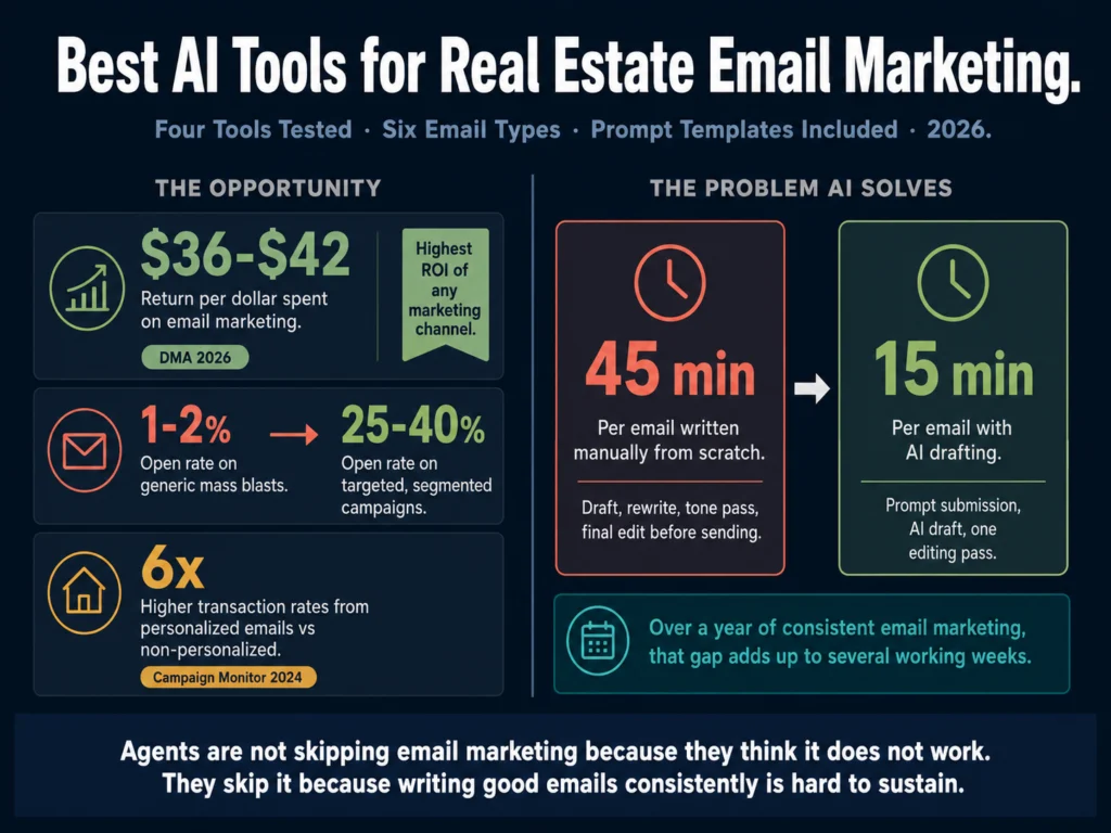 Best AI tools for real estate email marketing 2026 — ChatGPT, Claude, Jasper, and Copy.ai compared for listing announcements, drip campaigns, and market updates