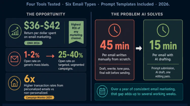 Best AI tools for real estate email marketing 2026 — ChatGPT, Claude, Jasper, and Copy.ai compared for listing announcements, drip campaigns, and market updates