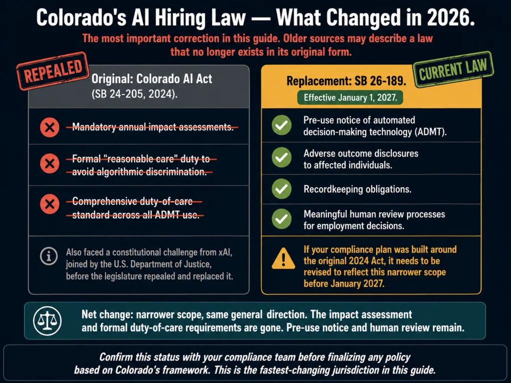 Colorado AI hiring law comparison 2026 — original AI Act SB 24-205 versus replacement law SB 26-189 showing what requirements were removed and what remains