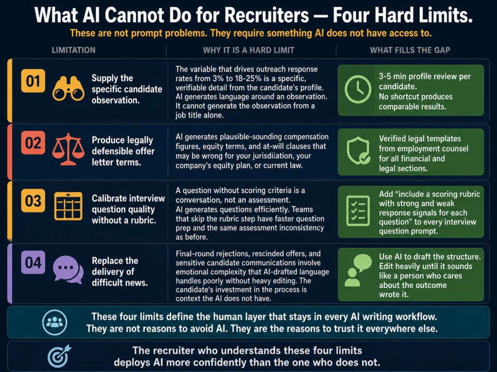 Four hard limits of AI writing tools for recruiters — candidate-specific observations, legally defensible offer terms, assessment rubrics, and delivery of difficult news