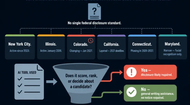 How to disclose AI use in hiring to candidates 2026 — six jurisdictions with active disclosure requirements and a five-step compliance framework