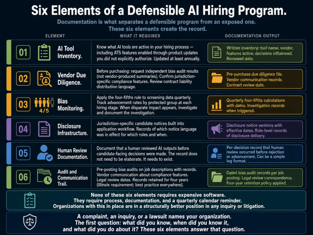 Six elements of a defensible AI hiring compliance program — tool inventory, vendor due diligence, bias monitoring, disclosure infrastructure, human review documentation, and audit trail