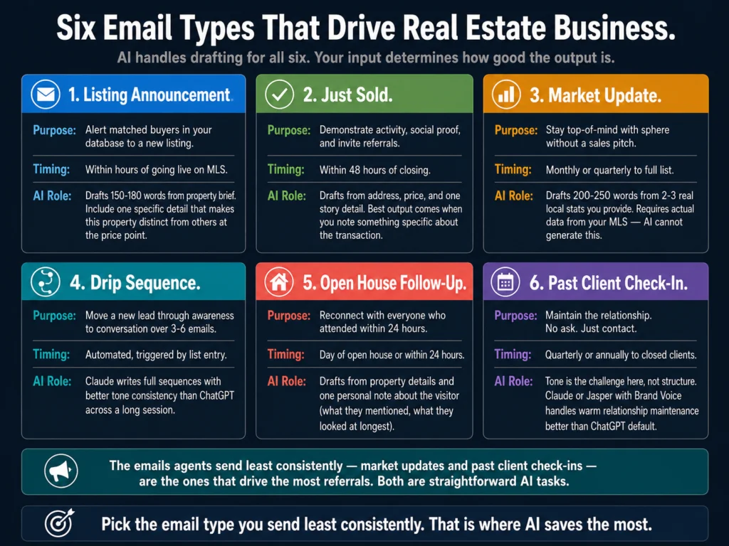 Six real estate email types for agents — listing announcement, just sold, market update, drip sequence, open house follow-up, and past client check-in