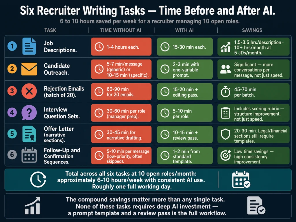 Six recruiter writing tasks with AI time savings — job descriptions, outreach, rejection emails, interview questions, offer letters, and follow-up sequences