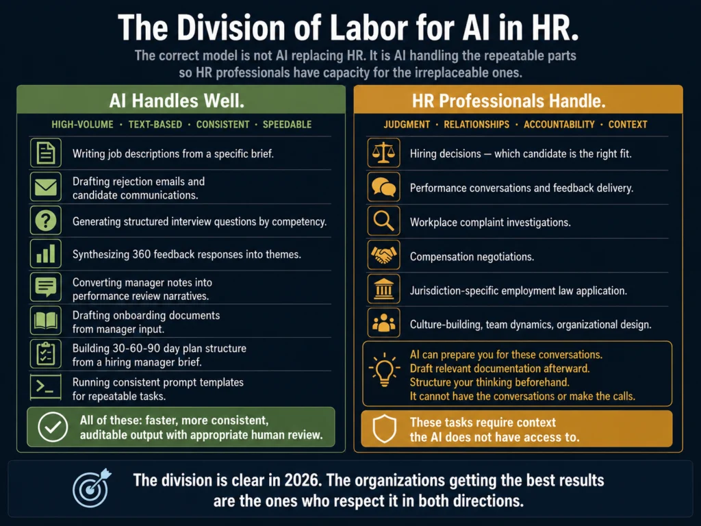 Division of labor between AI tools and HR professionals — drafting and synthesis on AI side versus hiring decisions, relationships, and legal judgment on human side