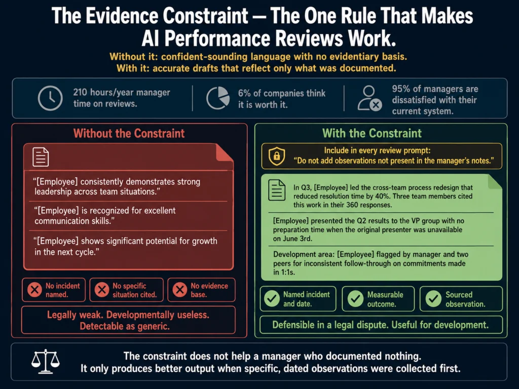 Performance review AI evidence constraint — 210 hours per year reduced with AI but only when managers bring specific dated observations and use the critical prompt constraint