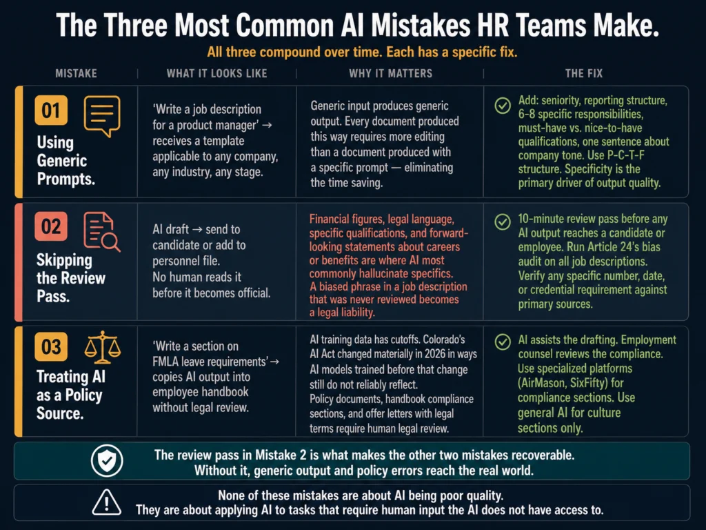 Three most common AI mistakes HR teams make — generic prompts, skipping review pass, and using AI as policy source — with specific before and after examples