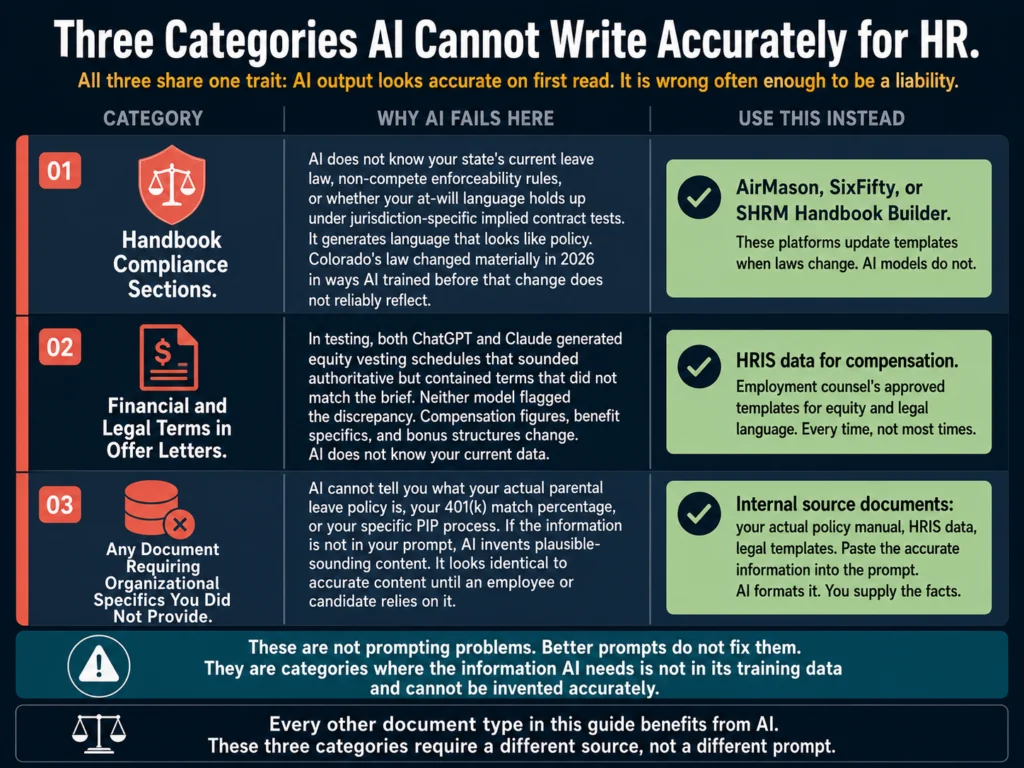 Three categories AI cannot write accurately for HR — handbook compliance sections, financial and legal offer letter terms, and organization-specific policy details