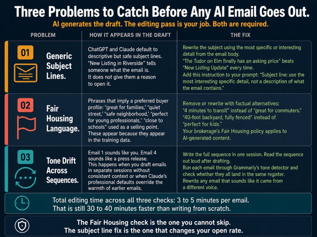 Three editing checks for AI-generated real estate emails — generic subject lines, Fair Housing language, and tone drift across drip sequences