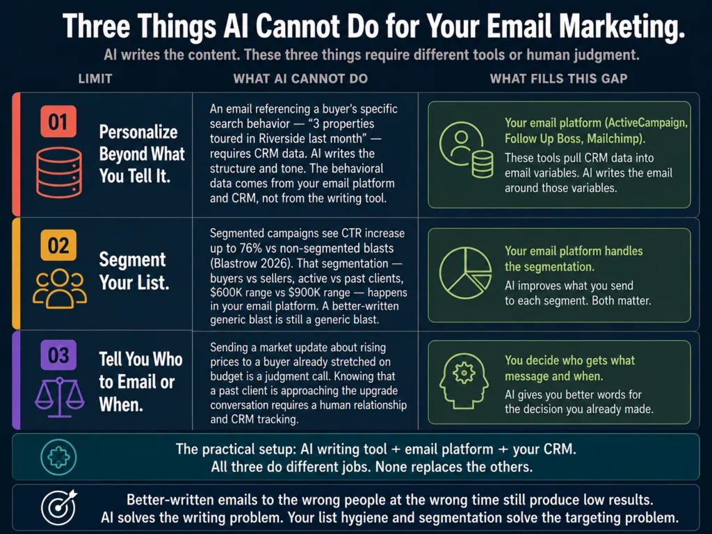 Three things AI cannot do for real estate email marketing — CRM personalization, list segmentation, and client relationship judgment on timing and content