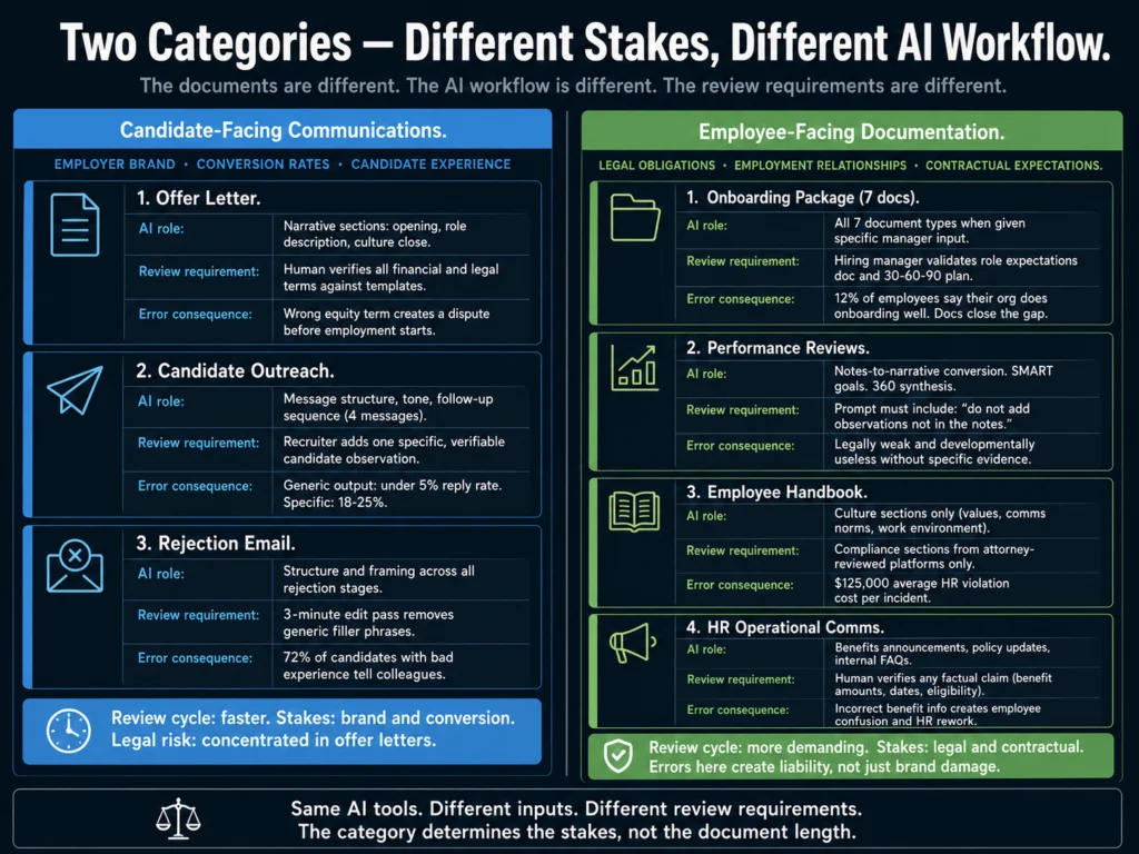 HR documentation two-category framework — candidate-facing communications versus employee-facing documentation with different AI workflows and compliance stakes
